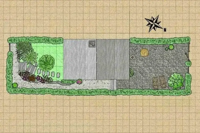 Plano de un jardín pequeño preparado para poner grava entre el seto y la casa